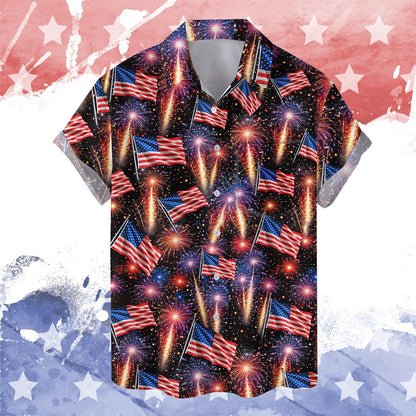 Front view of matching family Hawaiian shirt with patriotic theme