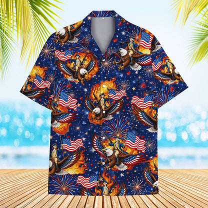 Matching family hawaiian shirts in patriotic navy and red print, flat lay view 2