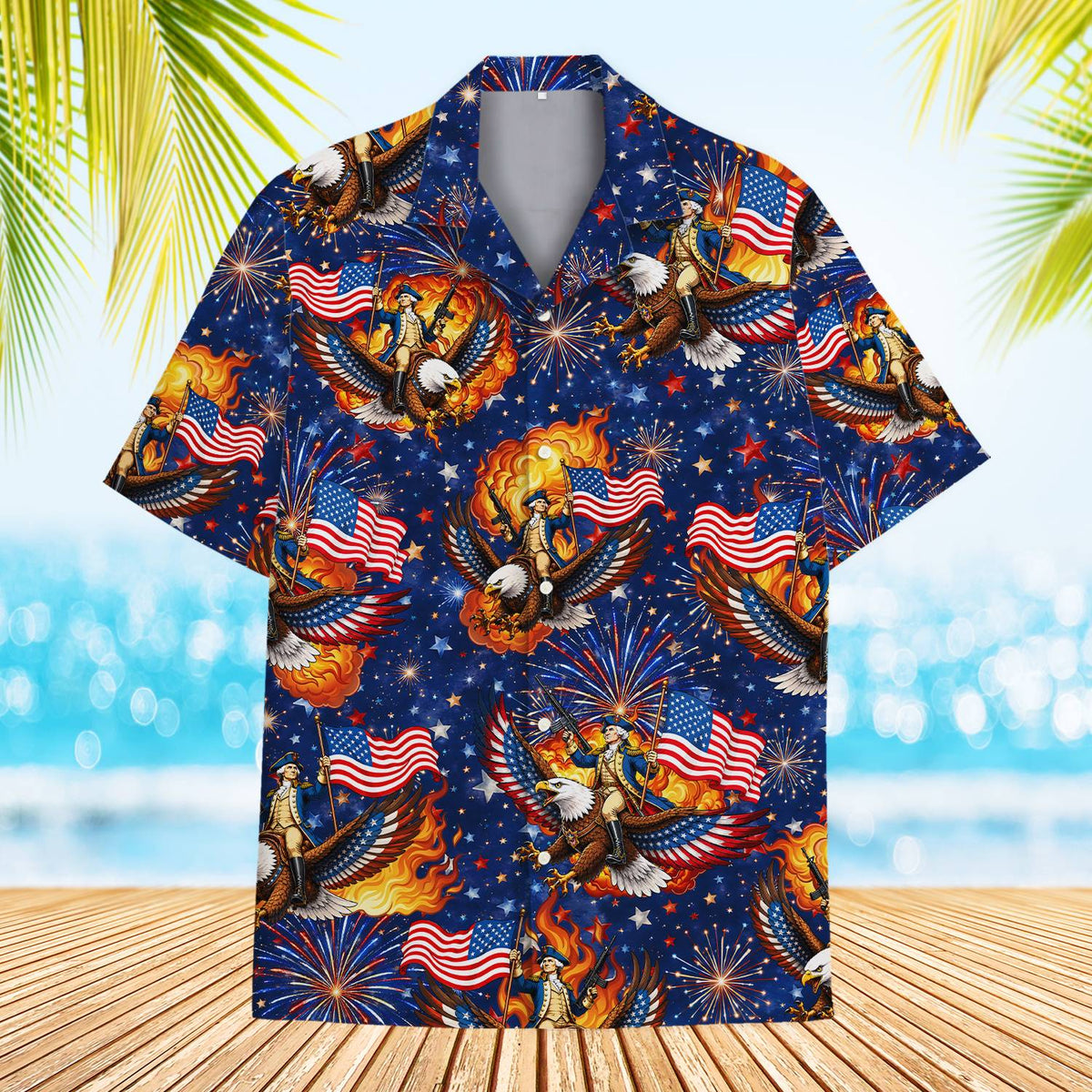 Patriotic hawaiian shirt with eagle and soldier design, flat lay view
