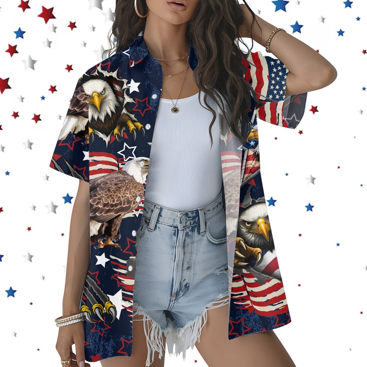 Patriotic hawaiian shirt with bald eagle and distressed flag design, front view