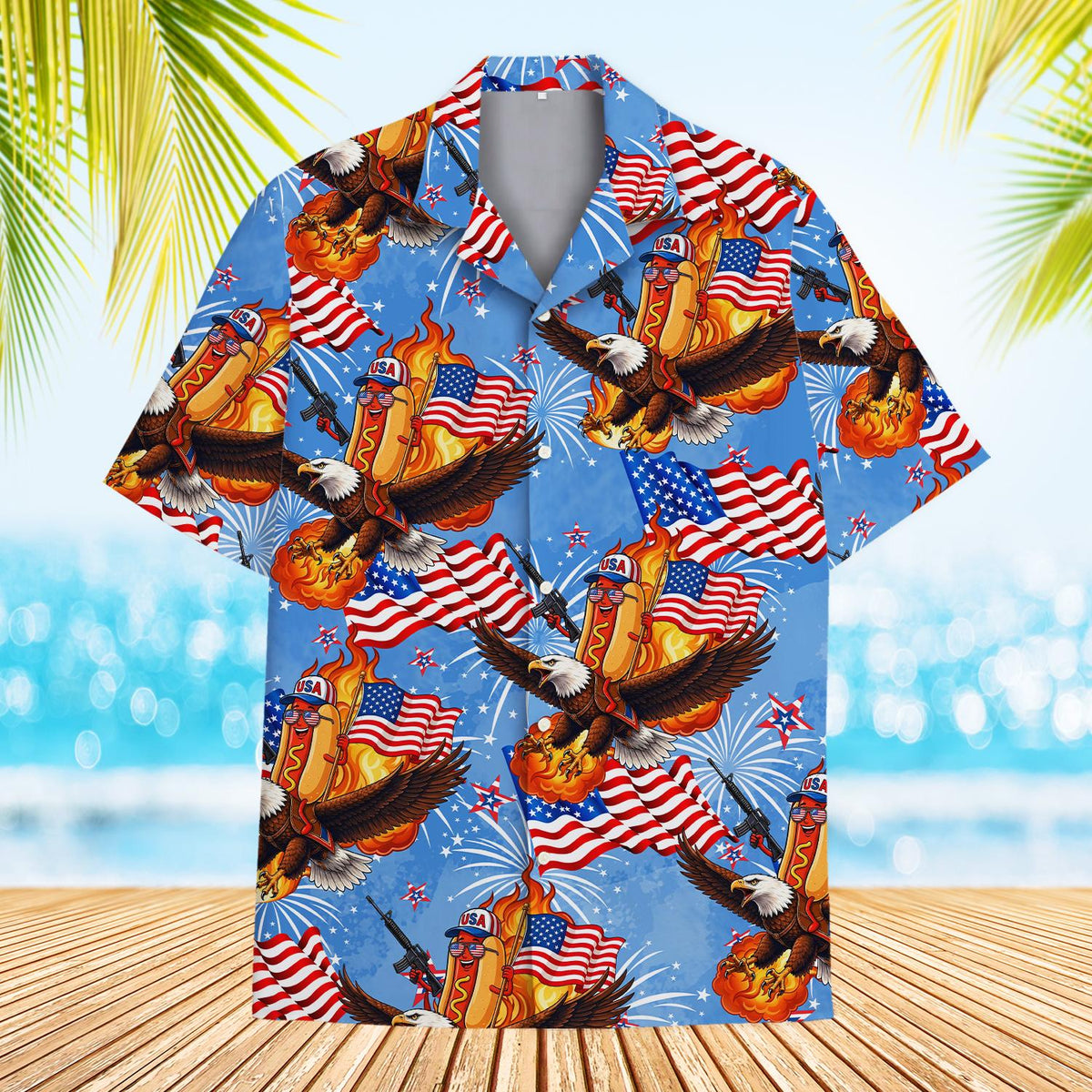 Patriotic hawaiian shirt featuring hot dogs riding bald eagles, main view