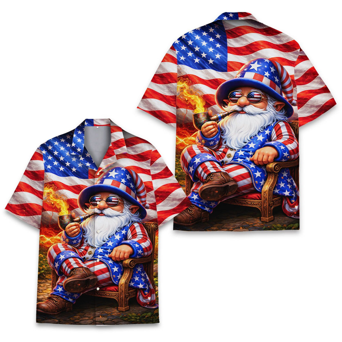 Patriotic hawaiian shirt featuring an American flag gnome and fiery sky design, front view