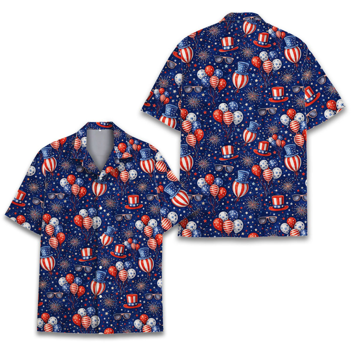 Front view of the navy blue Fourth of July hawaiian shirt for family matching