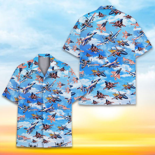Patriotic hawaiian shirt with American flag fighter jets, main view