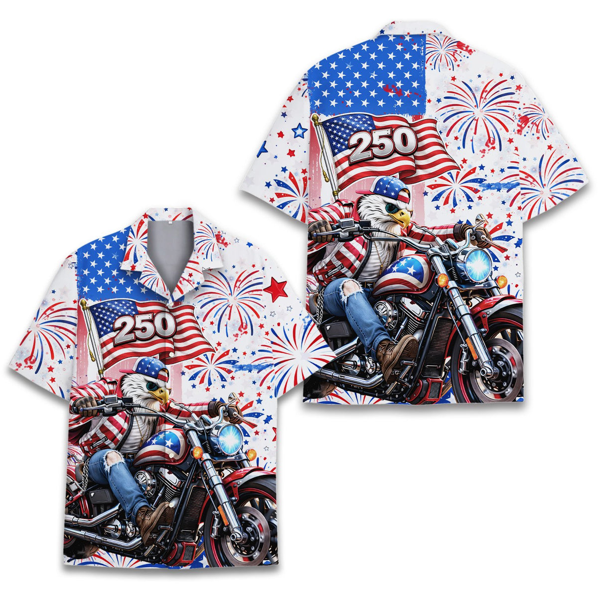 Matching family hawaiian shirts in patriotic colors, front view