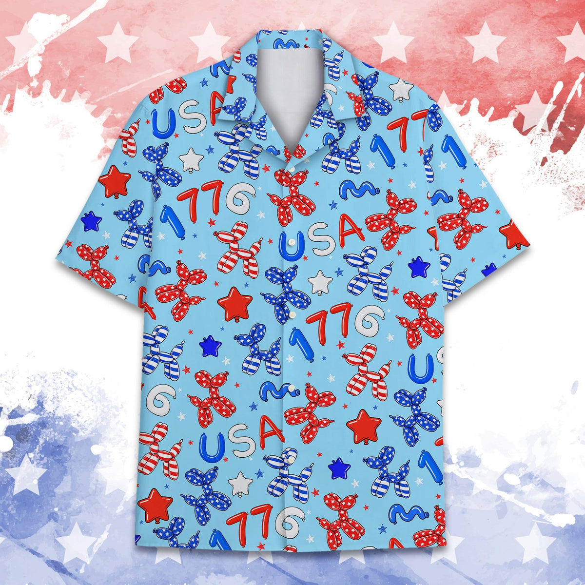 Light blue patriotic hawaiian shirt featuring USA balloon dogs and stars, front view