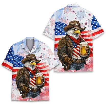 Patriotic hawaiian shirt with cowboy eagle and fireworks, front view