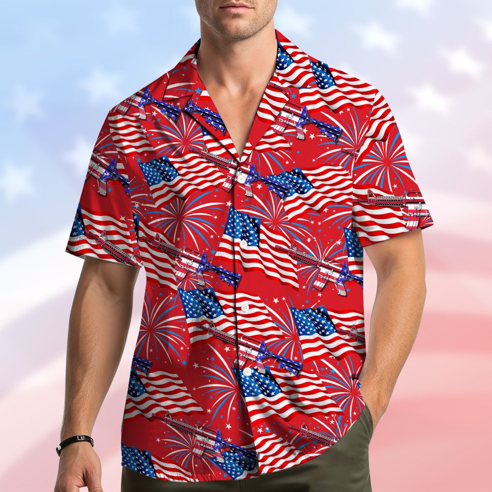 Another lifestyle view displaying the fit and vibrant red design of the patriotic hawaiian shirt