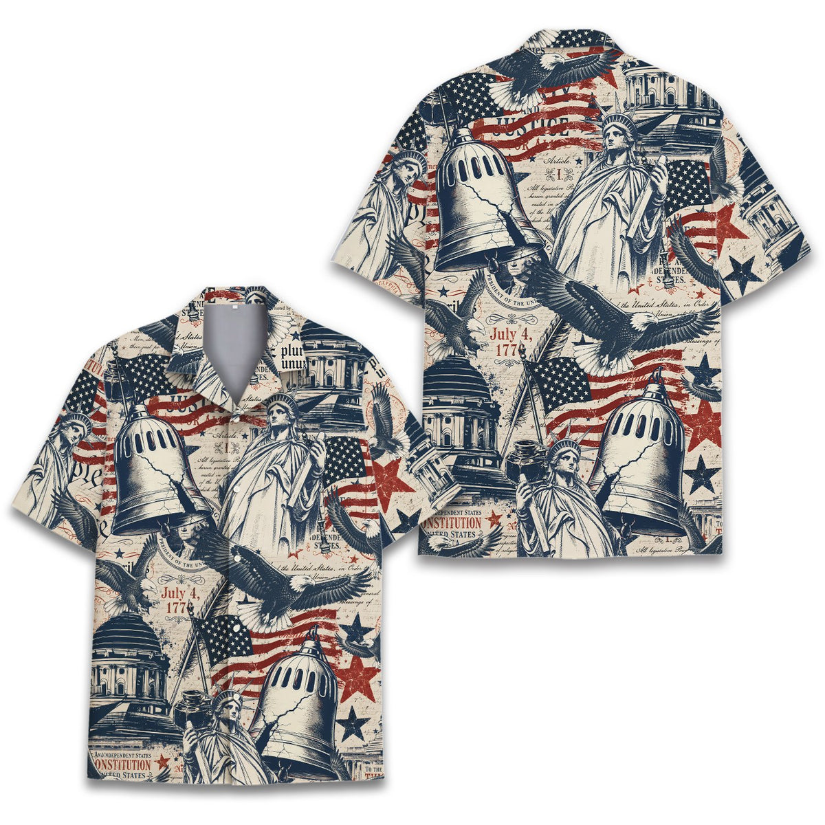 Lifestyle view of the family matching patriotic Hawaiian shirt