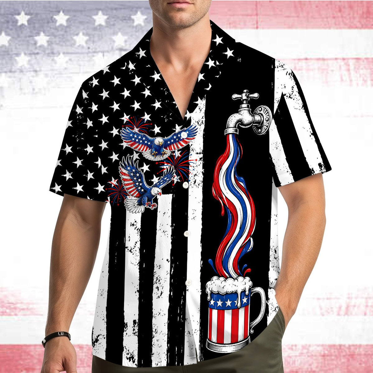 Lifestyle view of the patriotic hawaiian shirt in a festive setting