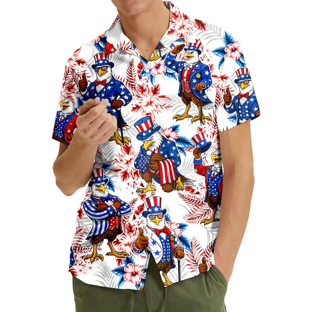 Another lifestyle view showing the matching family hawaiian shirts being worn outdoors