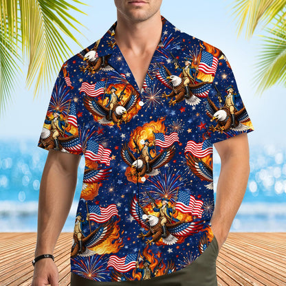 Lifestyle view of adults wearing the fourth of july hawaiian shirt