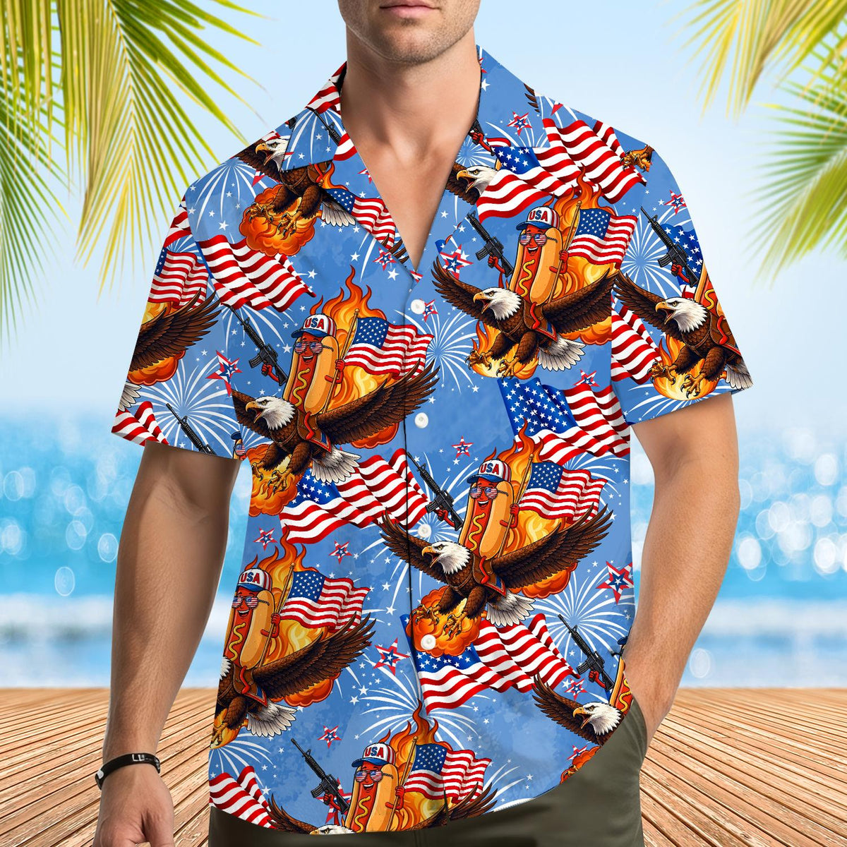 Second lifestyle view of the Fourth of July hawaiian shirt