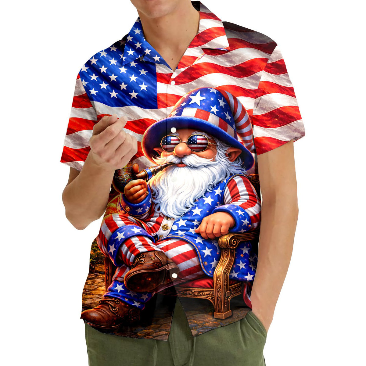 Group wearing matching family hawaiian shirts with patriotic gnome design at a summer barbecue