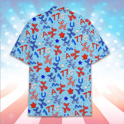 Lifestyle view of a family matching in patriotic hawaiian shirts for the Fourth of July