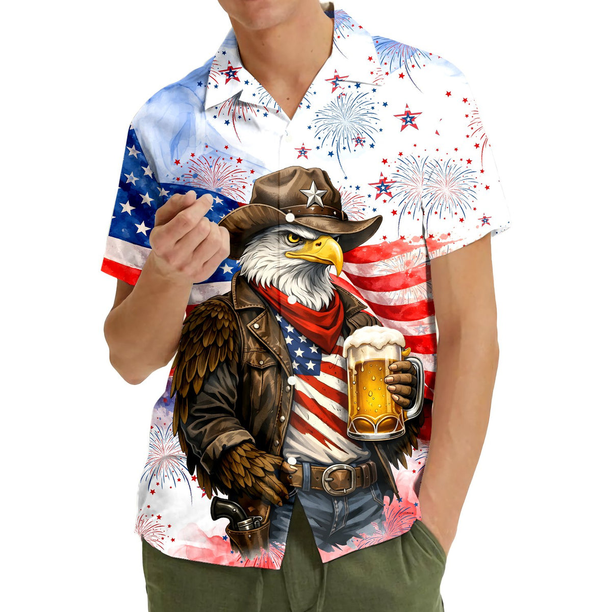 Adult styling a patriotic hawaiian shirt with cowboy eagle design