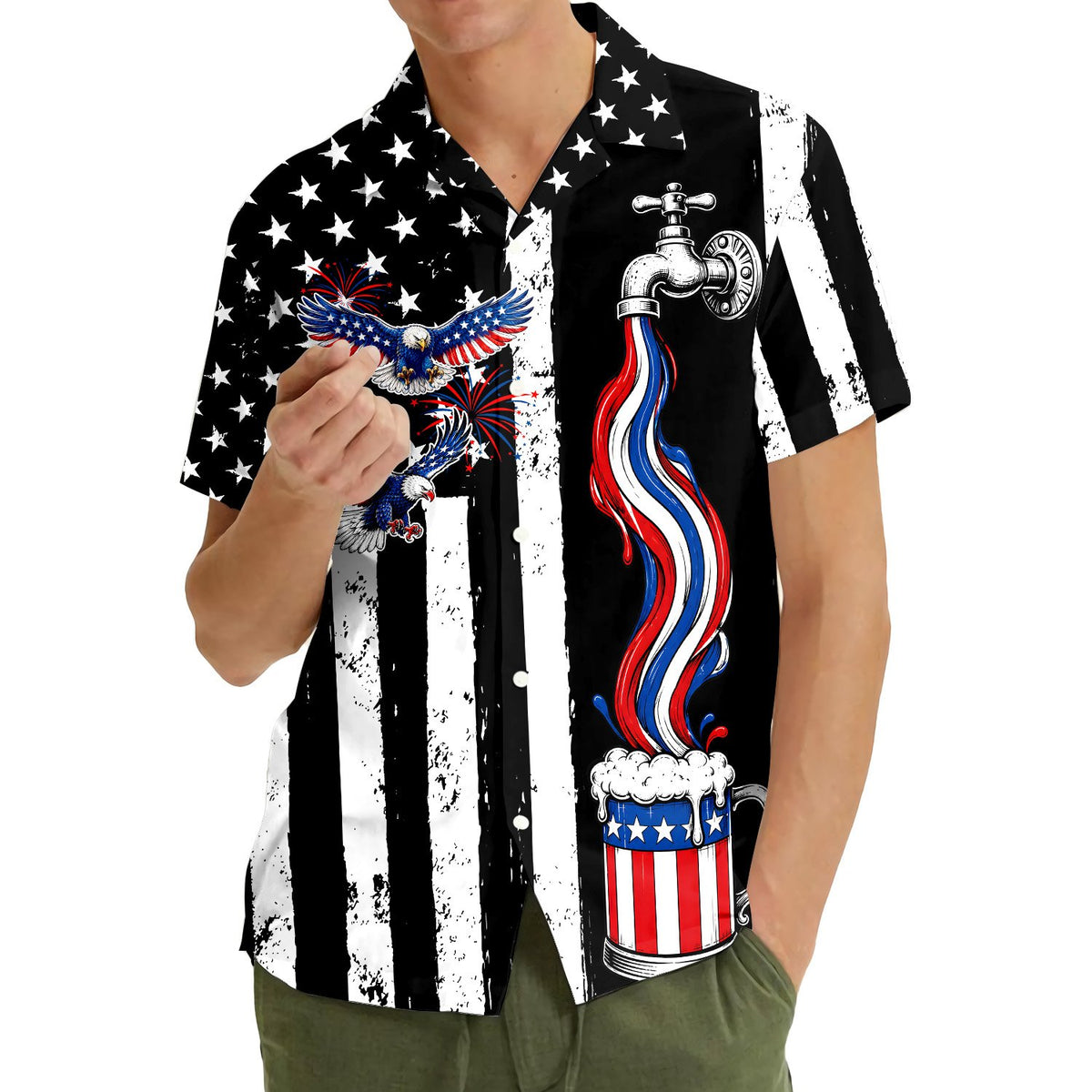 Close-up lifestyle view showing the beer mug and eagle design on the shirt