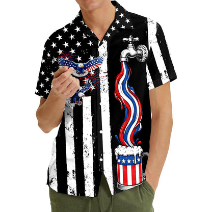 Close-up lifestyle view showing the beer mug and eagle design on the shirt