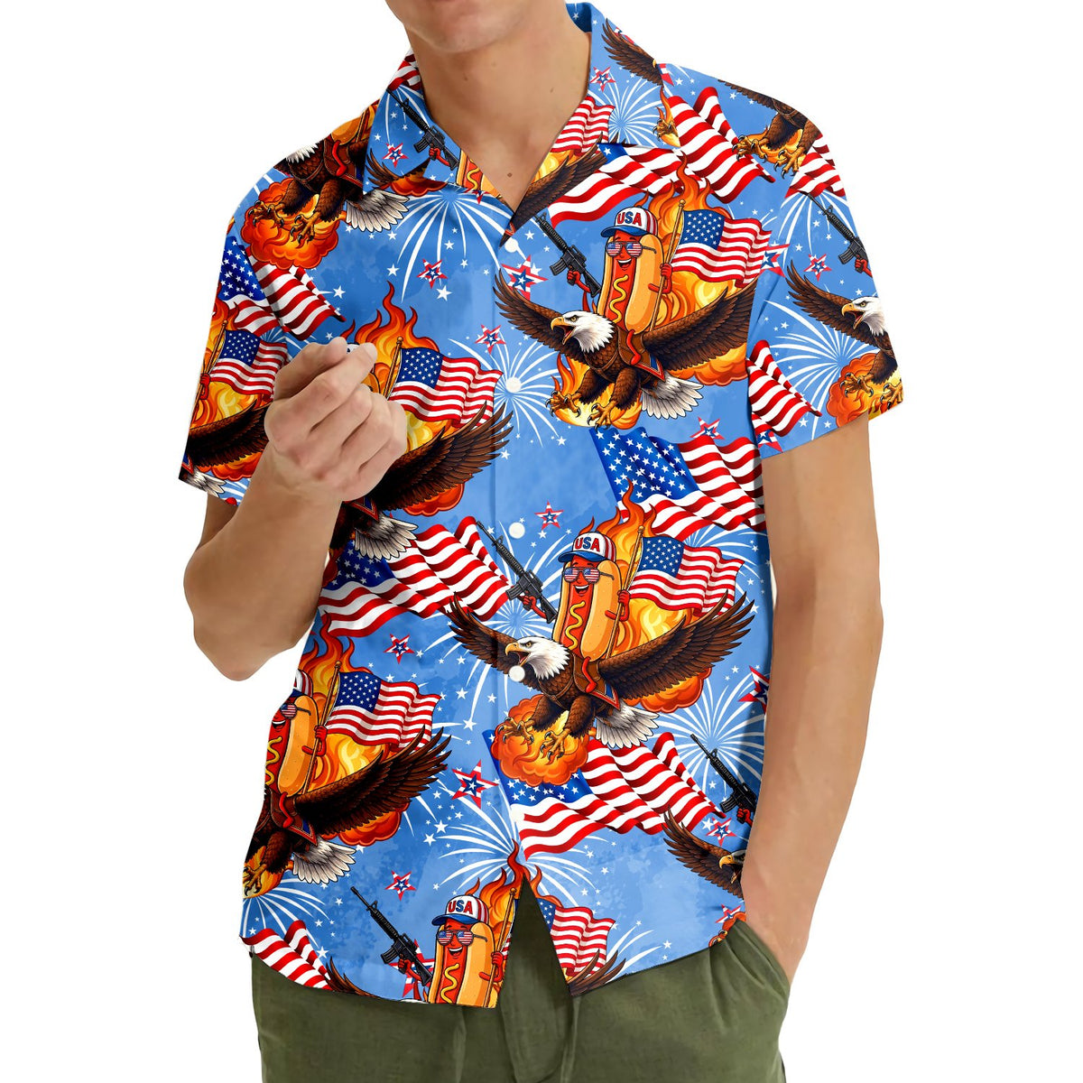 Third lifestyle view of the patriotic hawaiian shirt for families