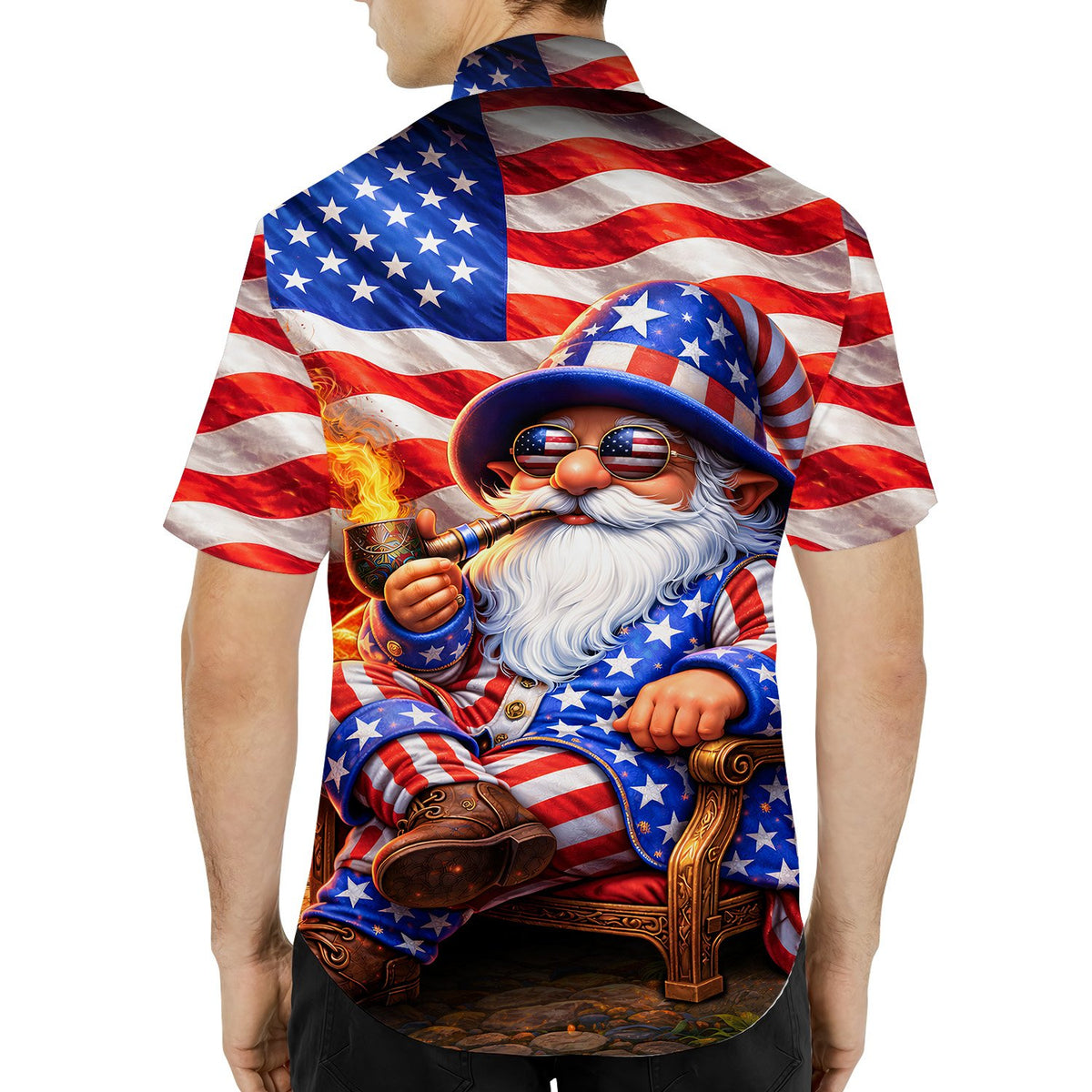 Lifestyle view of an adult styling the fourth of july hawaiian shirt at an outdoor celebration