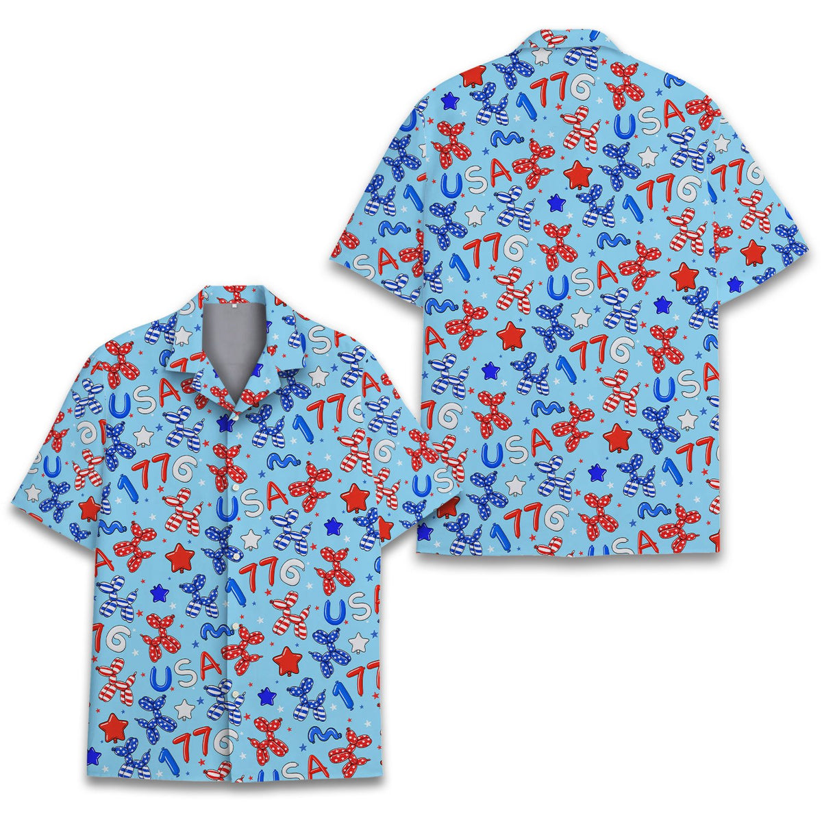 Another lifestyle shot of the family wearing their light blue holiday hawaiian shirts
