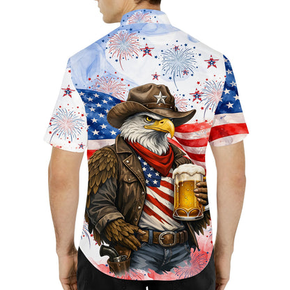 Close-up lifestyle view of patriotic hawaiian shirt