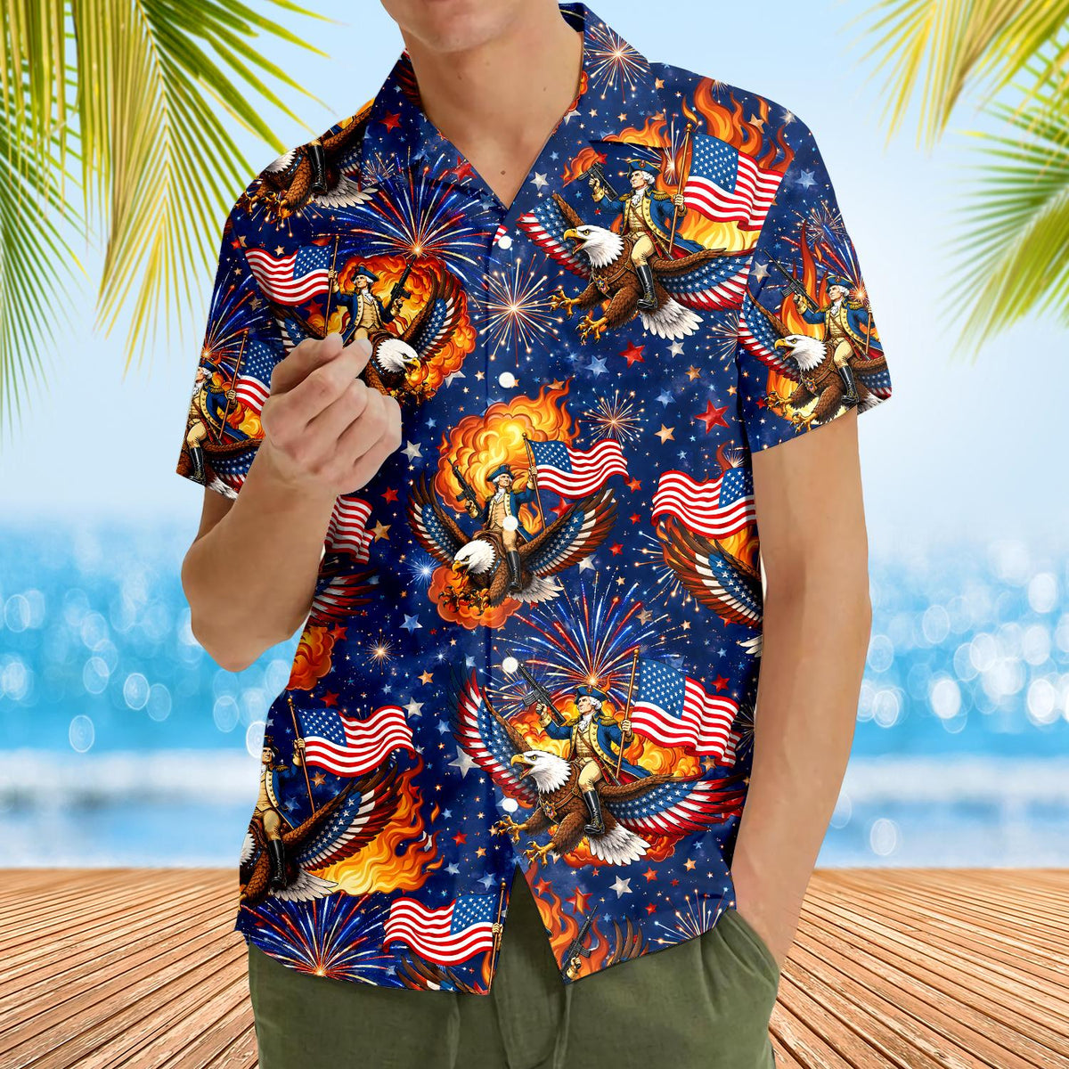 Close-up lifestyle view showing the bold eagle and fireworks design