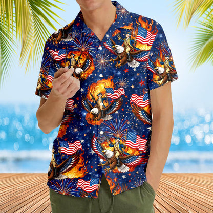Close-up lifestyle view showing the bold eagle and fireworks design