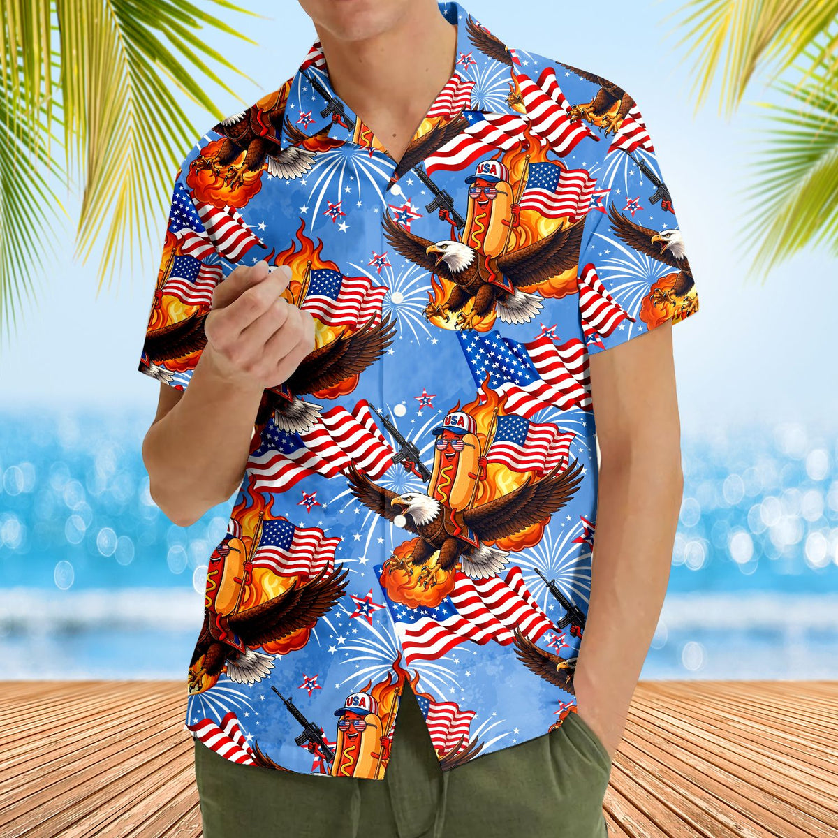Fourth lifestyle view showing the matching family hawaiian shirts outdoors