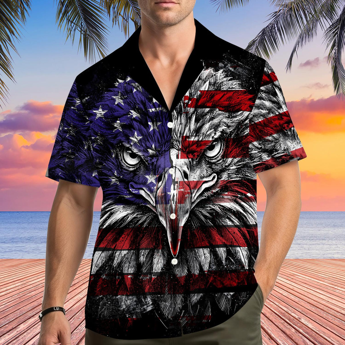 Fifth lifestyle view of the black patriotic hawaiian shirt