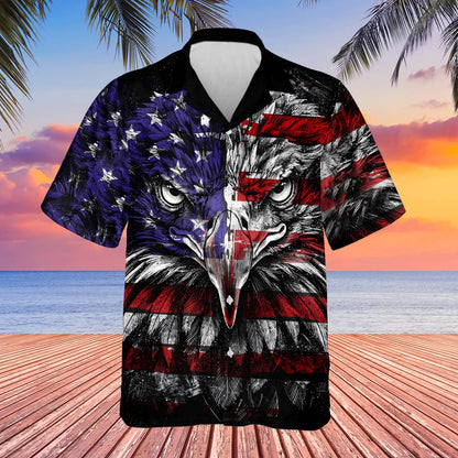 Lifestyle view of someone wearing the black patriotic hawaiian shirt