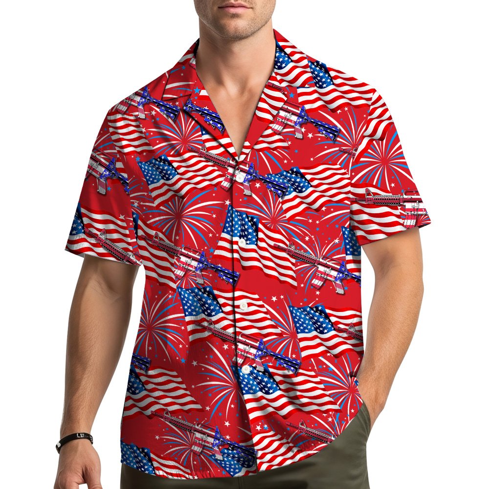 Lifestyle view of someone wearing the matching family patriotic hawaiian shirt