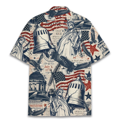 Lifestyle view of someone wearing the beige patriotic Hawaiian shirt
