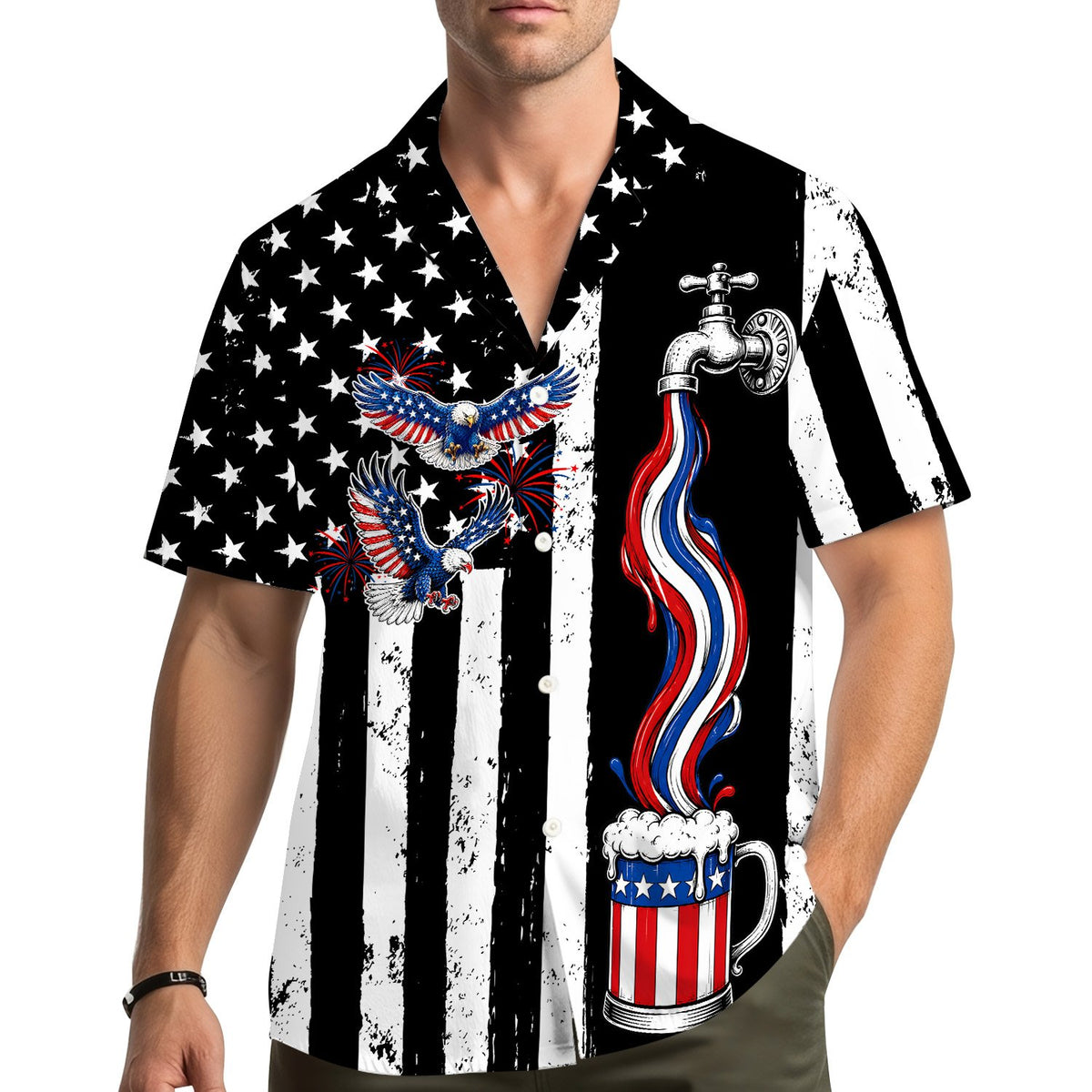 Lifestyle view of a person wearing the patriotic hawaiian shirt outdoors