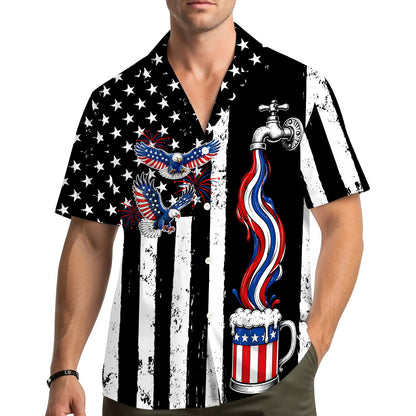 Lifestyle view of a person wearing the patriotic hawaiian shirt outdoors