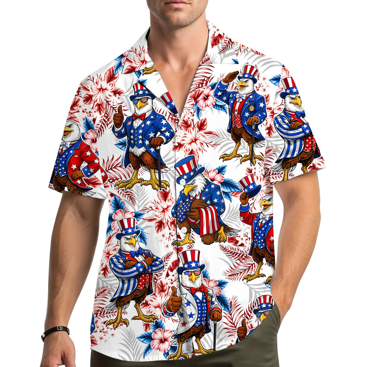 Lifestyle view of a family wearing matching family hawaiian shirts in patriotic colors