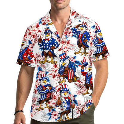 Lifestyle view of a family wearing matching family hawaiian shirts in patriotic colors