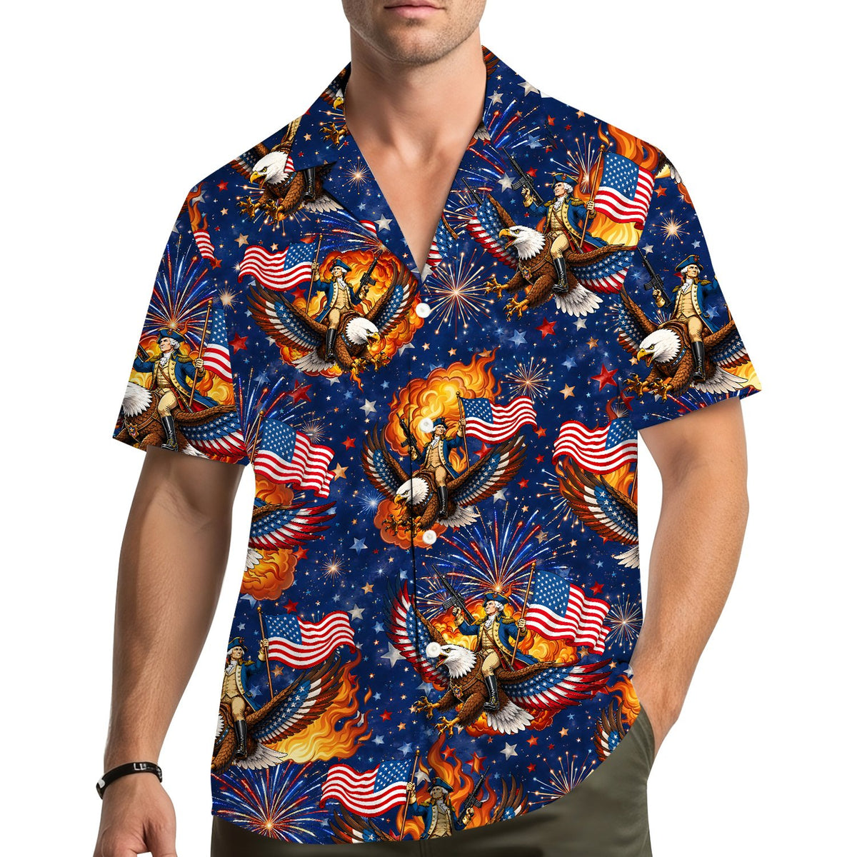 Lifestyle image of a family wearing the matching patriotic hawaiian shirts outdoors