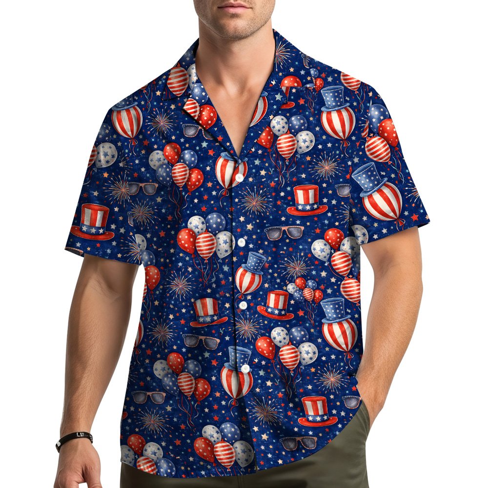 Lifestyle view of the patriotic Fourth of July hawaiian shirt being worn
