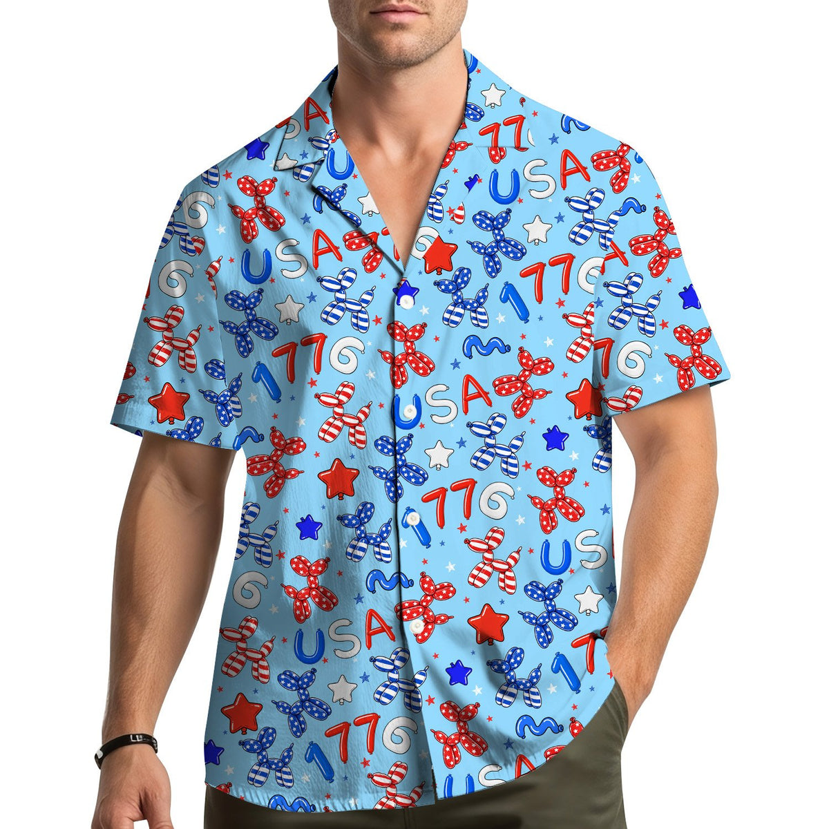 Family wearing matching patriotic hawaiian shirts with balloon dog designs outdoors