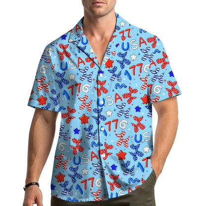 Family wearing matching patriotic hawaiian shirts with balloon dog designs outdoors