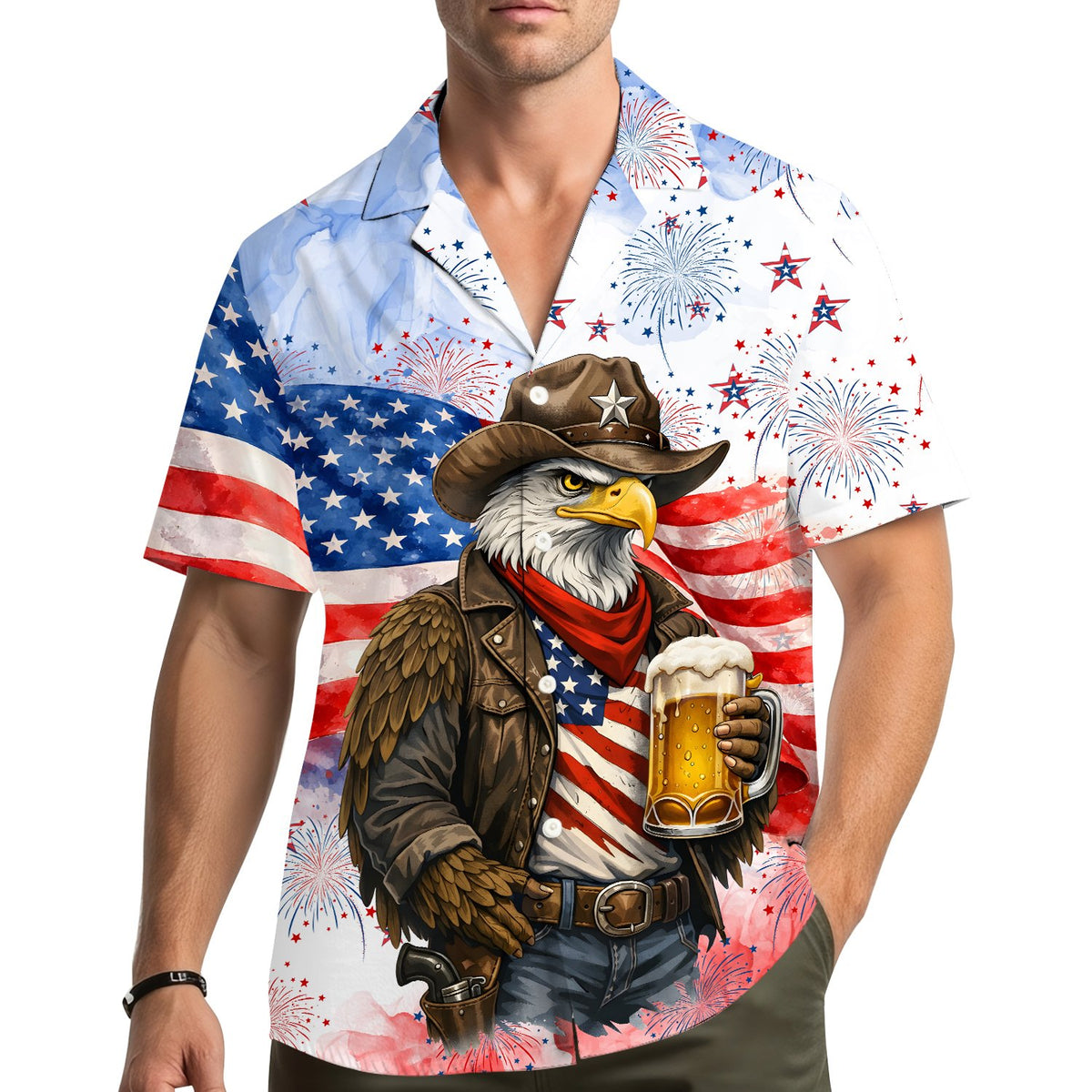 Adult wearing a patriotic hawaiian shirt outdoors
