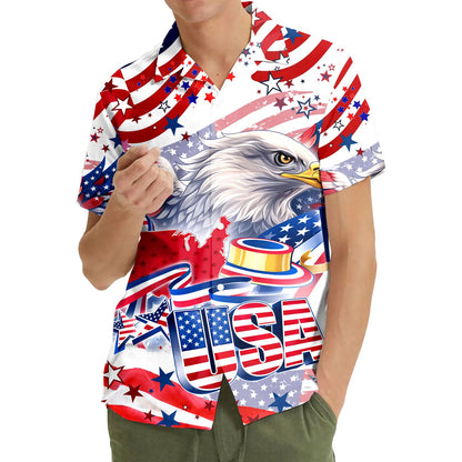 Lifestyle view of a person wearing the patriotic hawaiian shirt