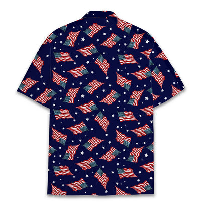Back view of the matching family hawaiian shirt in navy blue