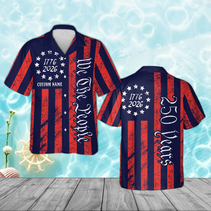 Personalized patriotic hawaiian shirt with We The People graphic, front view in navy
