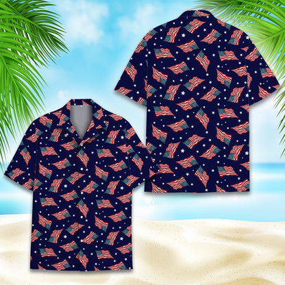 Detailed front view of the patriotic flag pattern hawaiian shirt