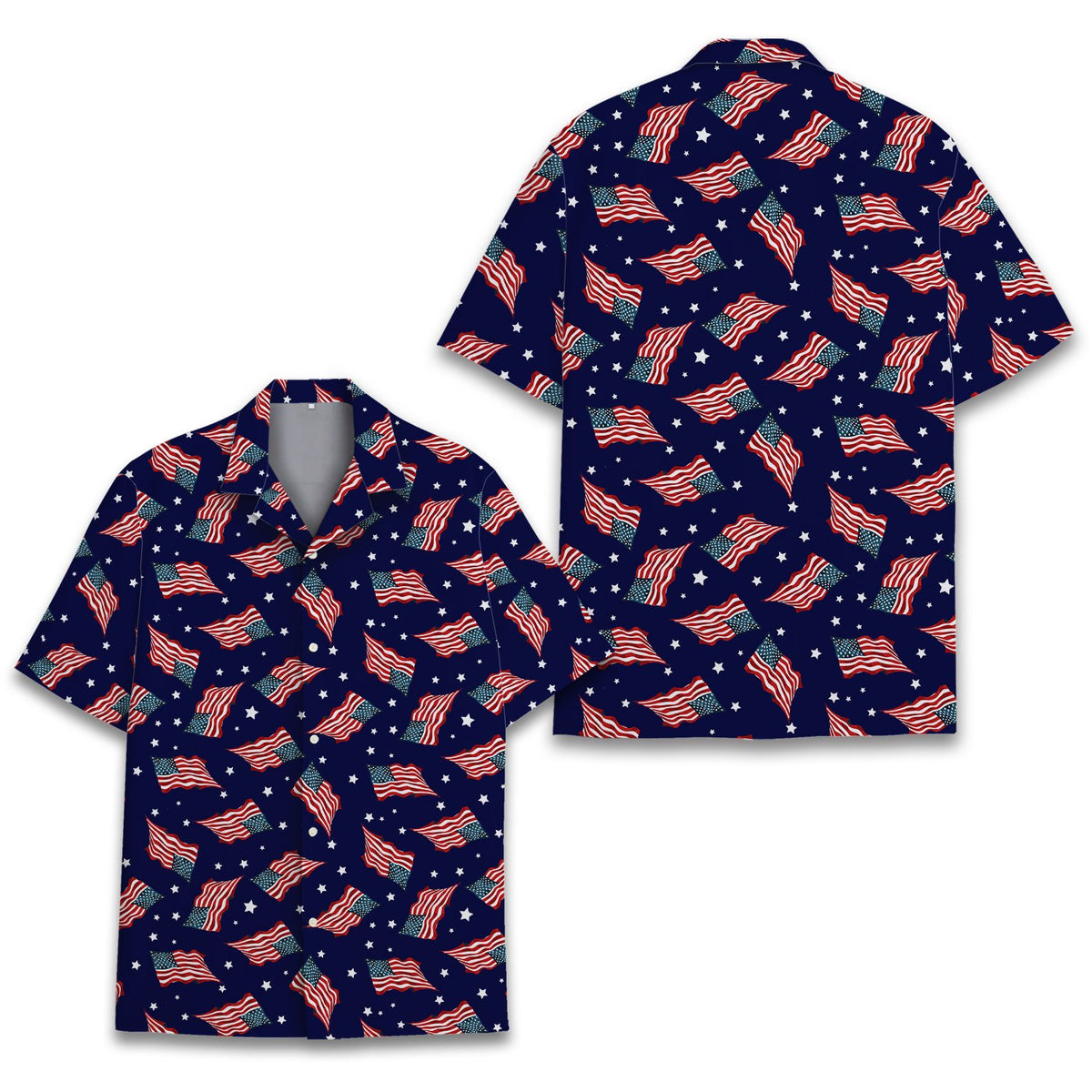 Close-up front view of the stars and stripes hawaiian shirt design