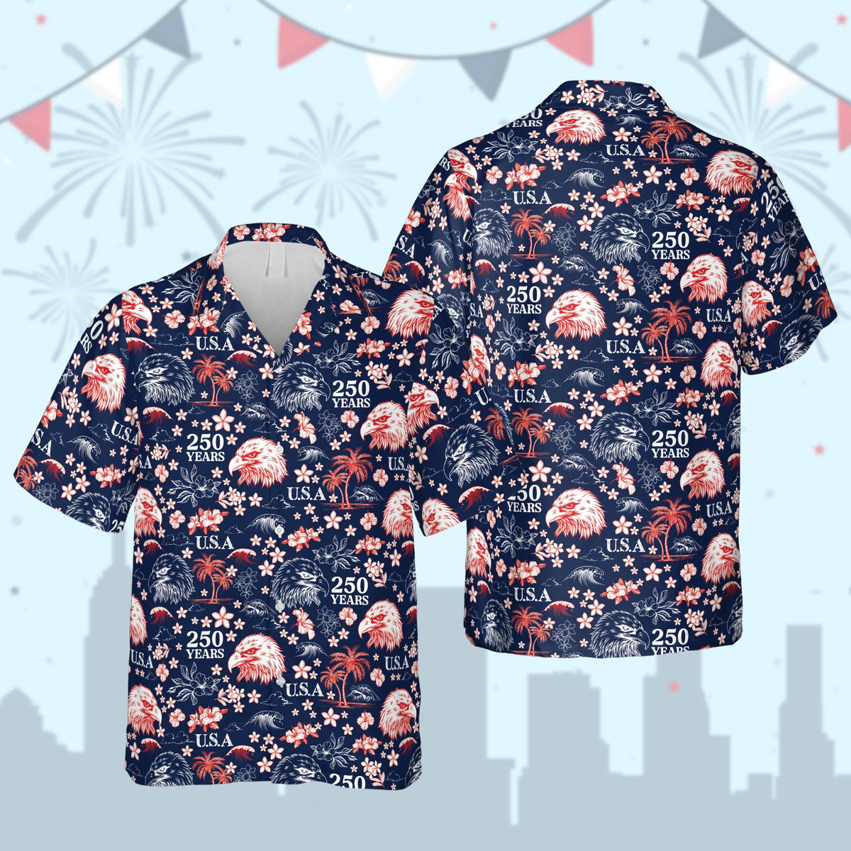 Patriotic hawaiian shirt with bald eagles on a navy background, front view
