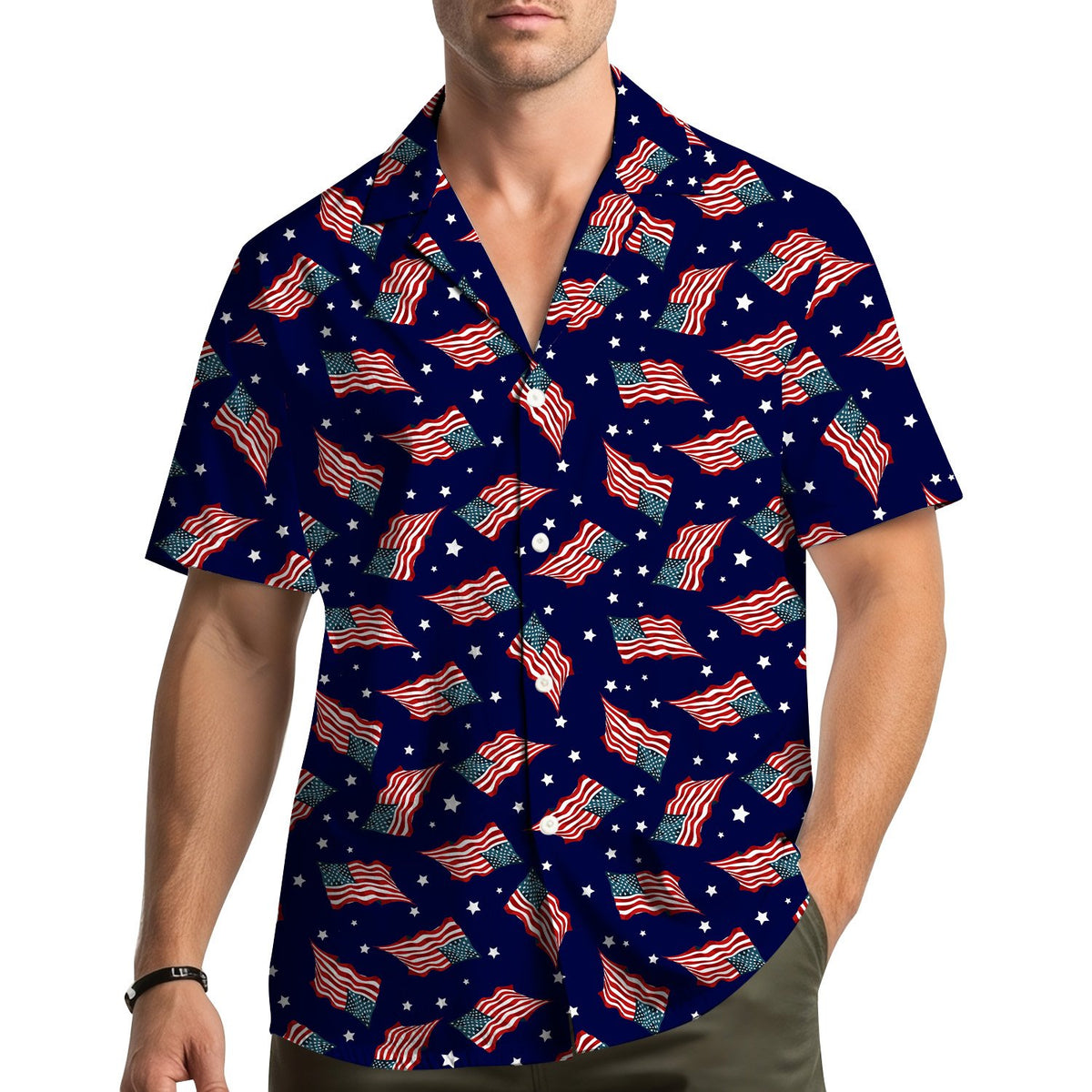 Lifestyle view of a family wearing matching patriotic hawaiian shirts