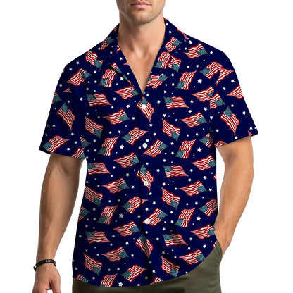 Lifestyle view of a family wearing matching patriotic hawaiian shirts